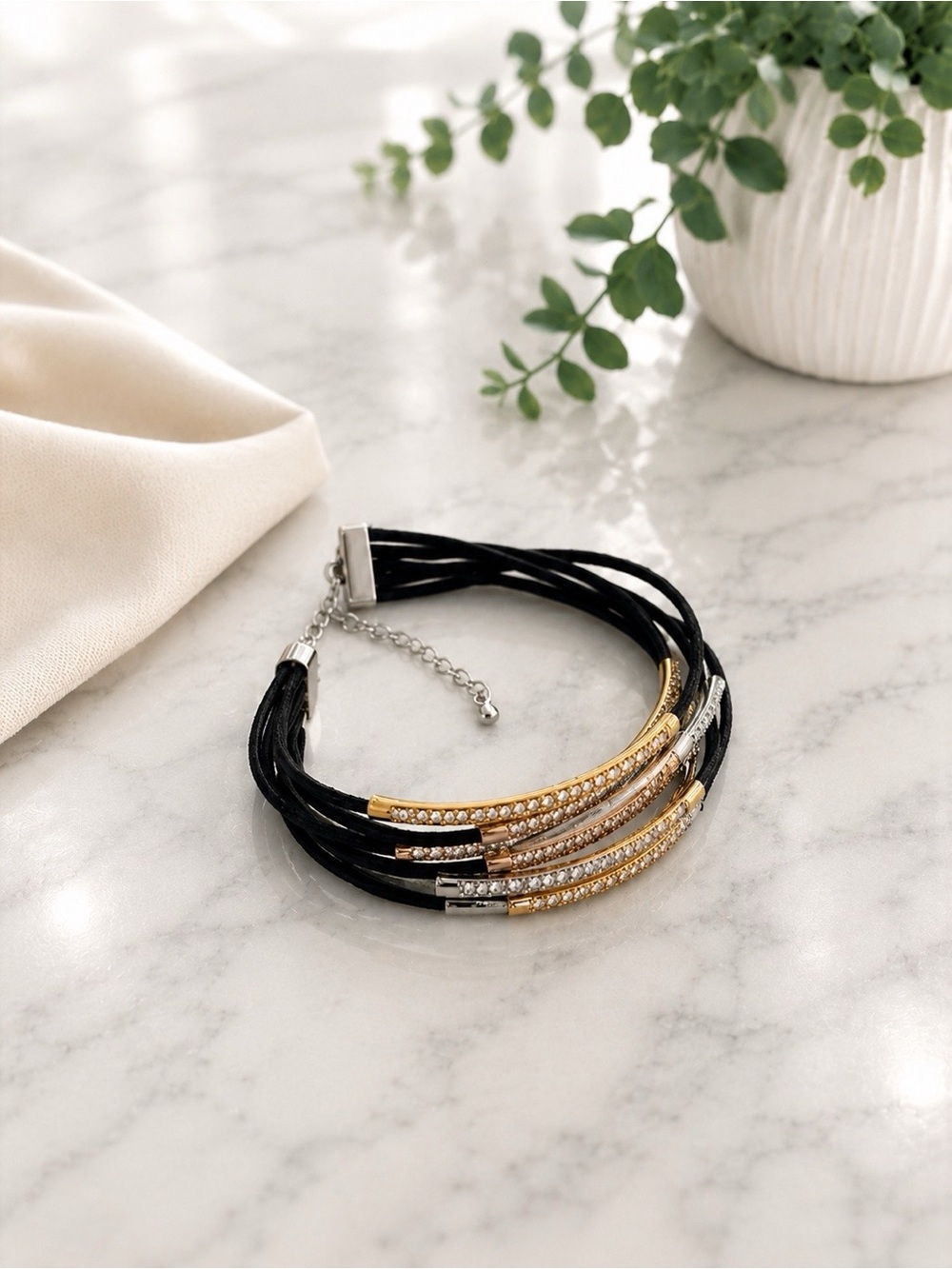Swarovski Black Multi-Strand Bracelet with Gold & Silver Crystal Bars